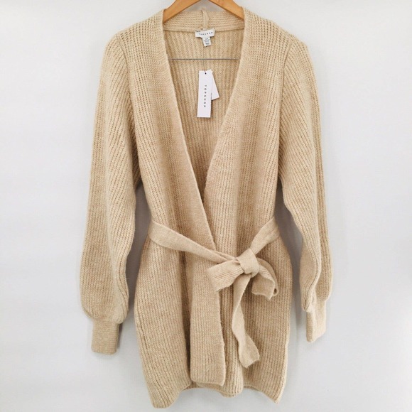 Topshop Sweaters - Topshop Cardigan Sweater Beige Belted Long Sleeve Cable Knit Long NEW